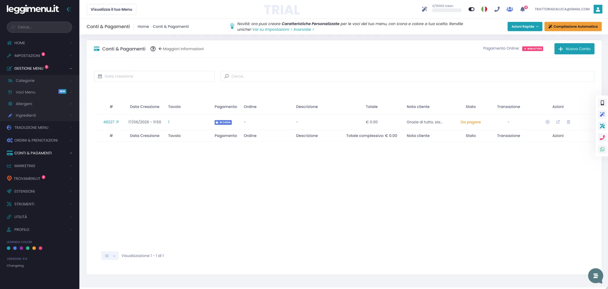 Pagina Conti e Pagamenti con la tabella dei conti, la barra di ricerca, il filtro data e il badge dello stato del Pagamento Online in alto