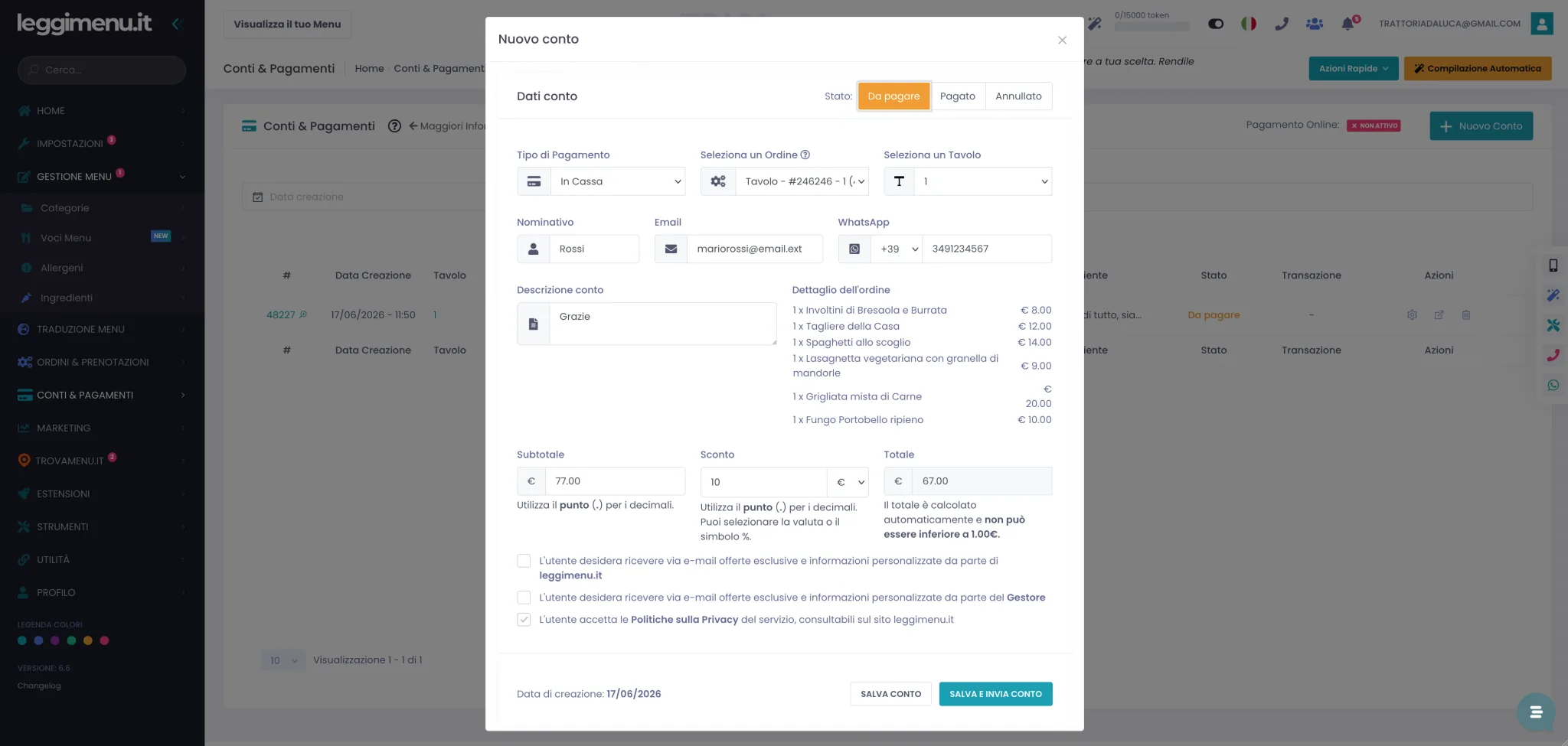 Modulo Nuovo Conto con la sezione Stato in alto, i campi tipo pagamento, ordine e tavolo, i dati cliente, il dettaglio ordine, subtotale, sconto e totale