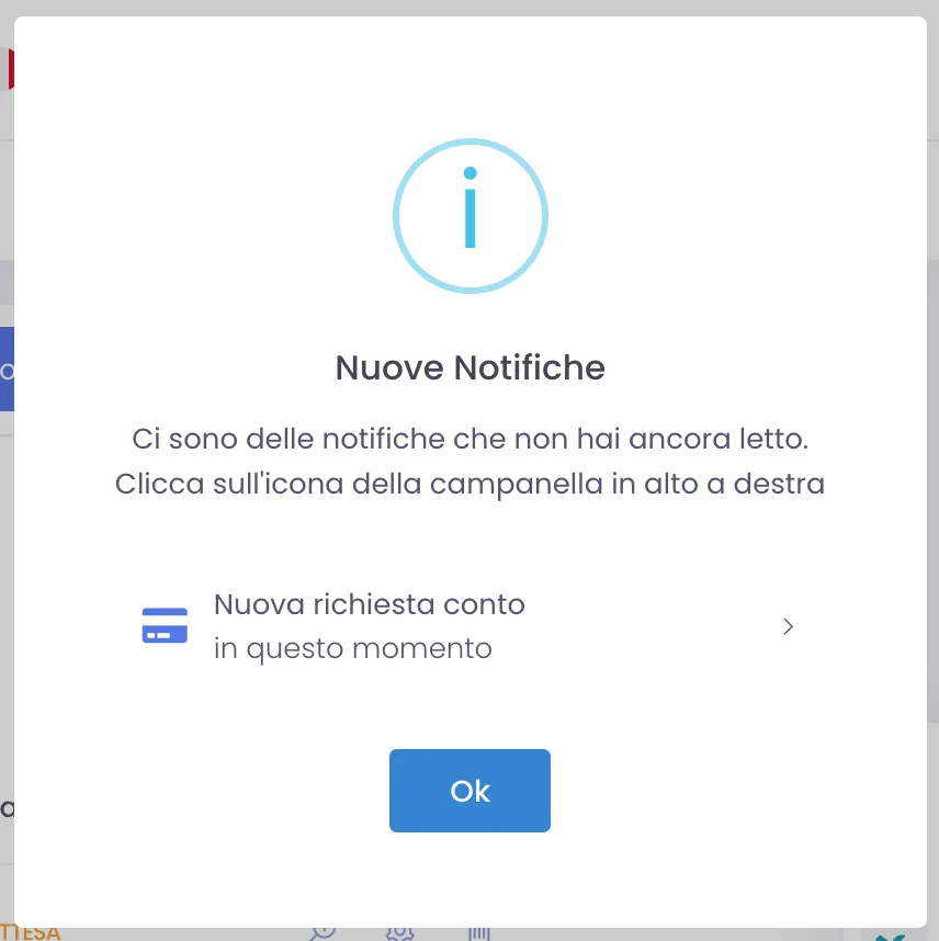 Avviso Nuove Notifiche nel gestionale con la voce Nuova richiesta conto appena arrivata