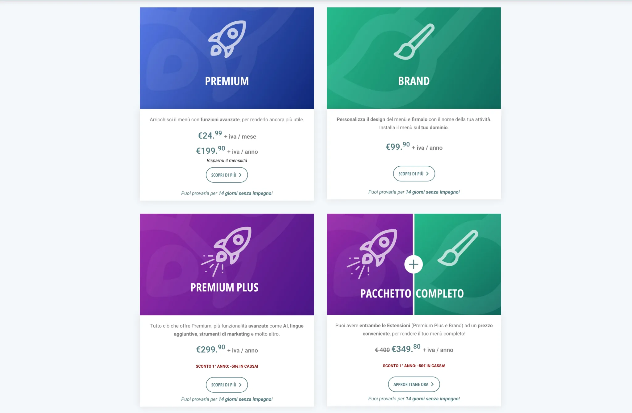 Pagina delle Estensioni sul sito leggimenu.it con Premium, Brand, Premium Plus e Pacchetto Completo affiancati