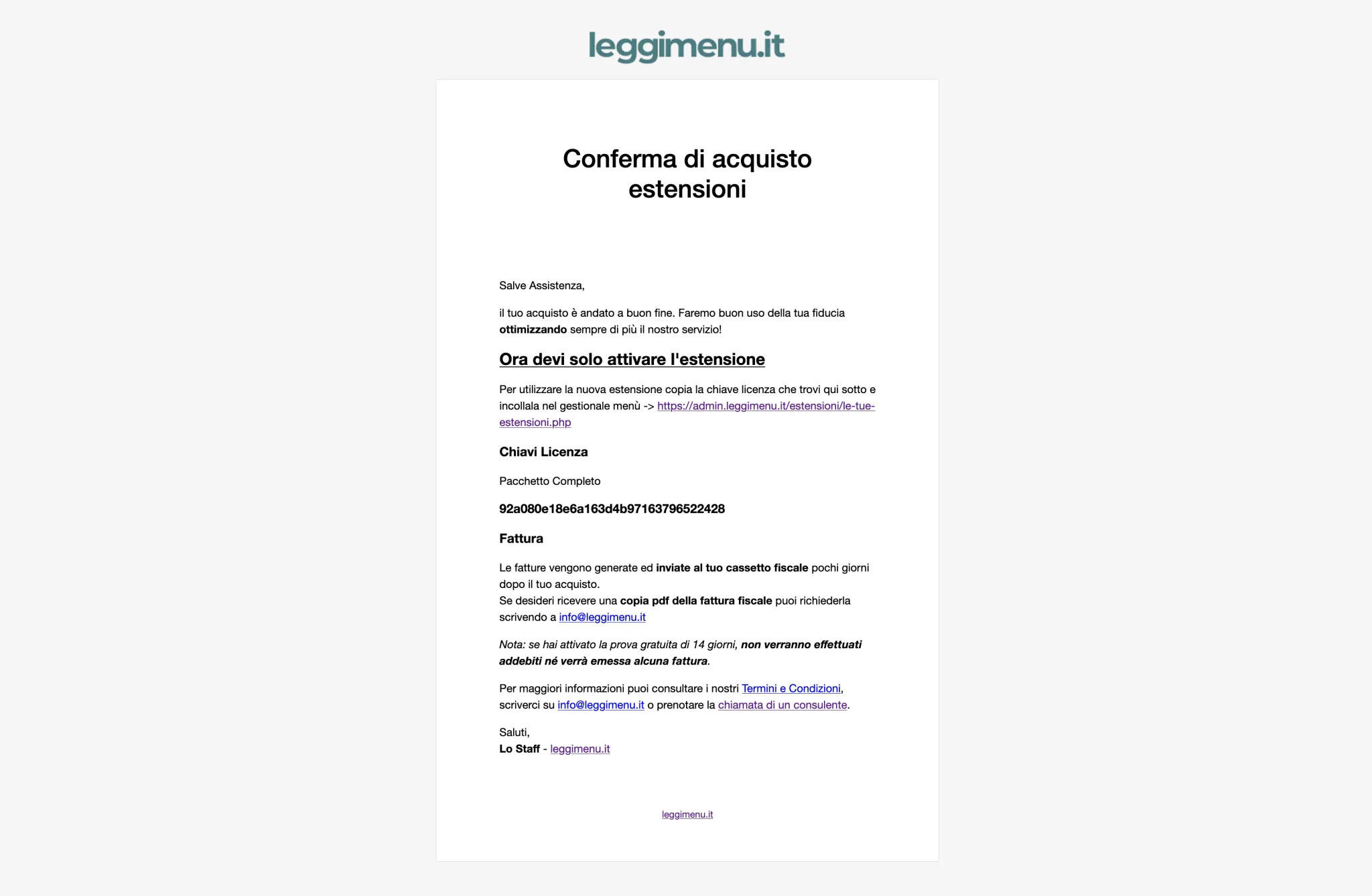 Email di conferma acquisto estensioni con la sezione Chiavi Licenza e il codice della licenza ben visibile