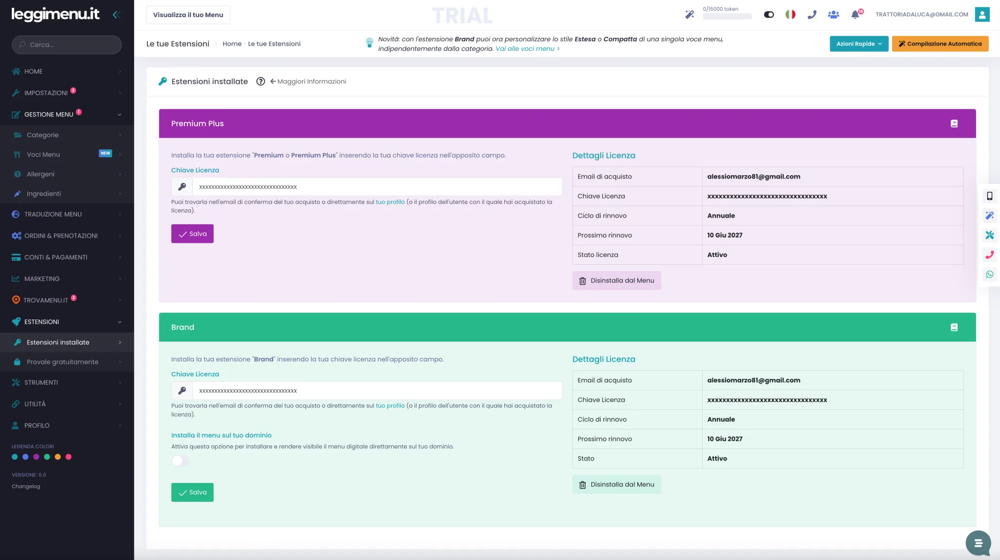 Pagina Le tue Estensioni del gestionale con il riquadro Premium Plus in alto e il riquadro Brand sotto, ognuno con campo chiave e dettagli licenza