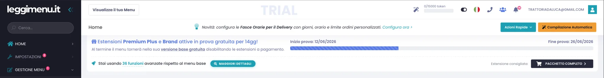 Barra di prova nel gestionale con la scritta Estensioni Premium Plus e Brand attive in prova gratuita per 14 giorni, le date di inizio e fine prova e la barra di avanzamento