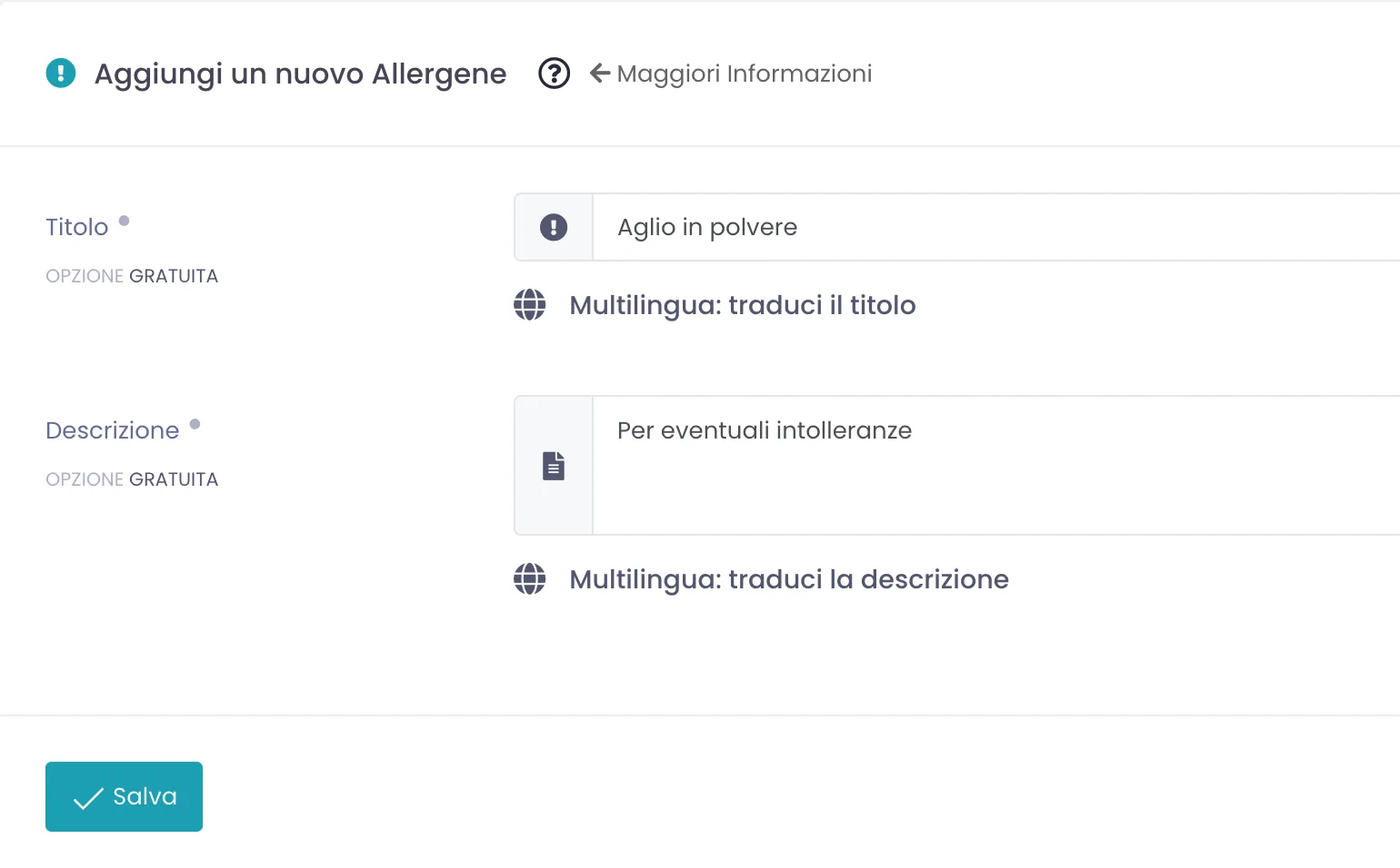 Scheda Aggiungi un nuovo allergene con il campo Titolo compilato con un esempio