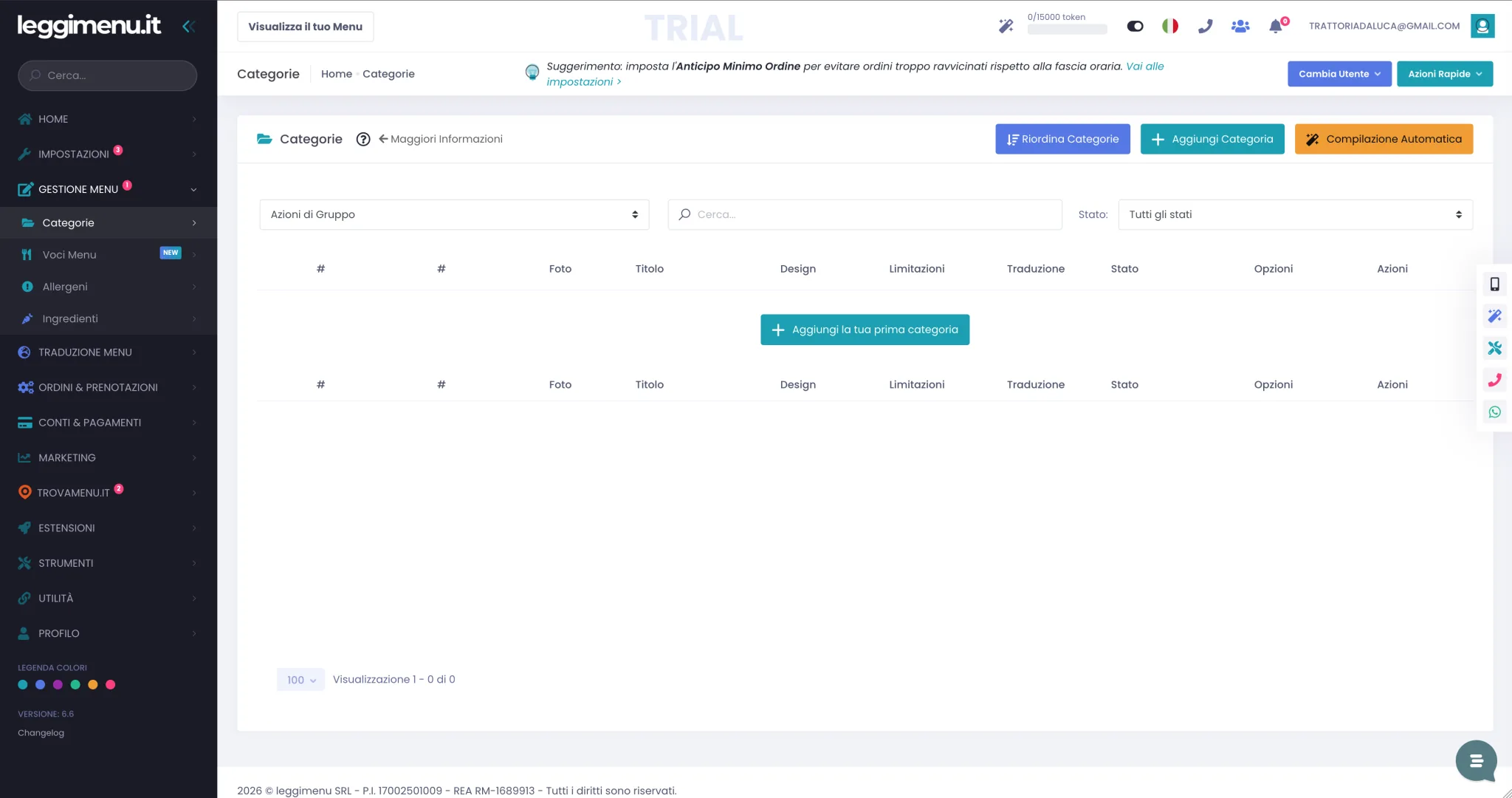 Pagina Categorie del gestionale con la lista ancora vuota e il bottone Aggiungi la tua prima categoria al centro
