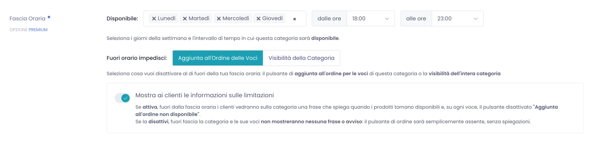 Blocco Limitazioni della categoria con giorni, fascia oraria, tipo di limite e interruttore per mostrare o nascondere le informazioni sulle limitazioni