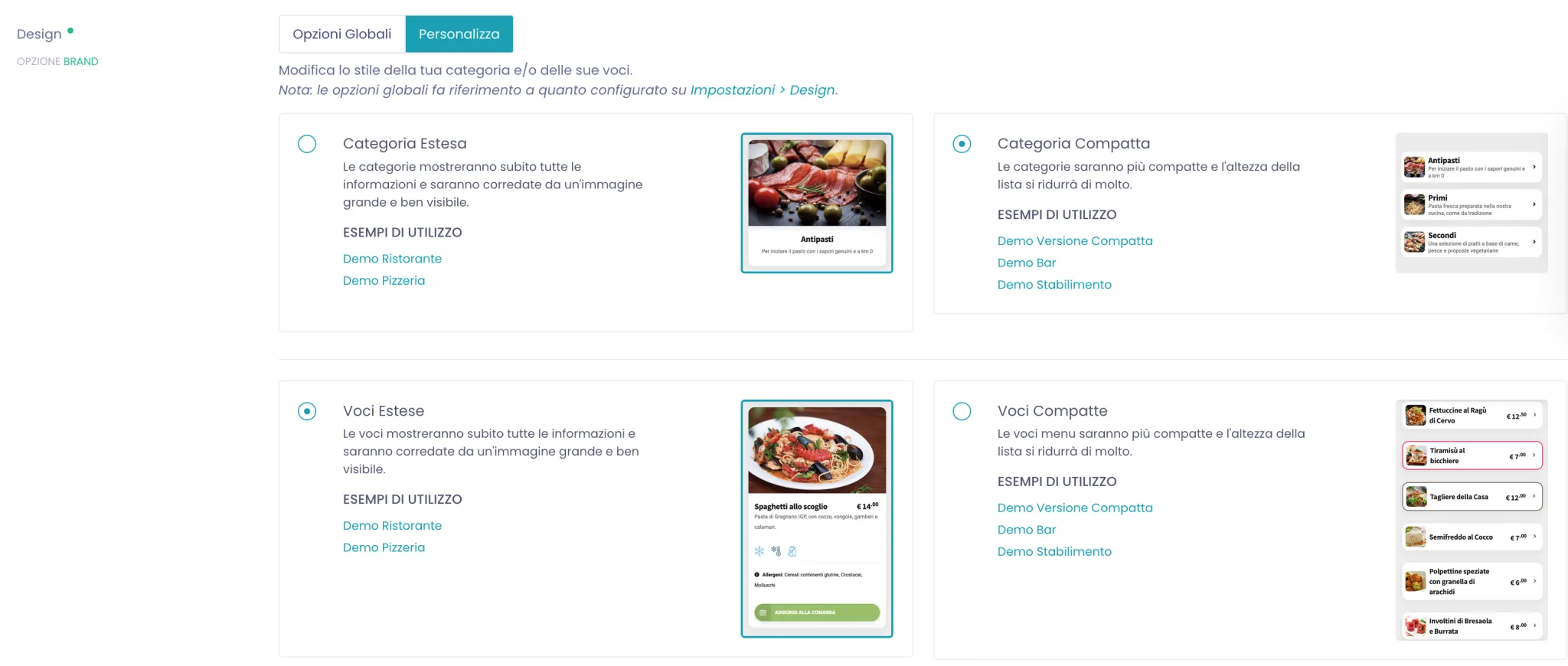 Blocco Design della categoria con scelta Personalizza attiva e le opzioni Categoria Estesa o Compatta e Voci Estese o Compatte