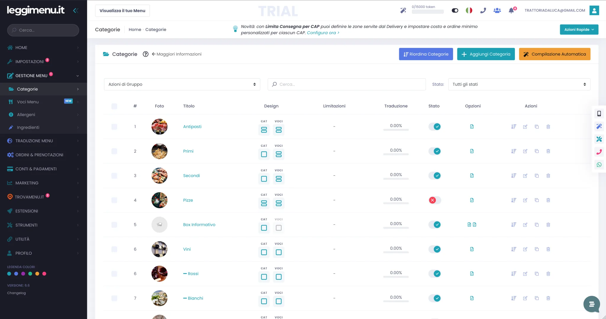Lista categorie piena con più righe, sottocategorie rientrate, icone design, interruttori di stato e icone opzioni