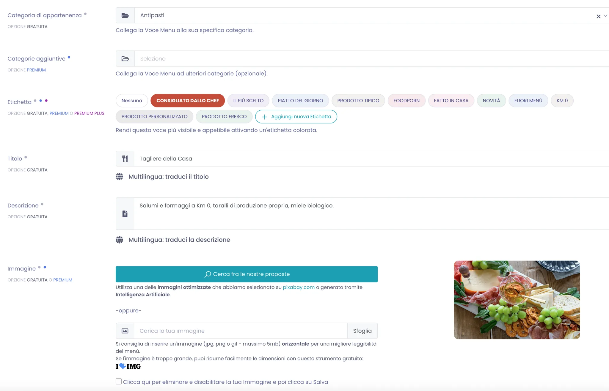 Modulo di creazione di una nuova voce con categoria, etichetta, titolo, descrizione e immagine