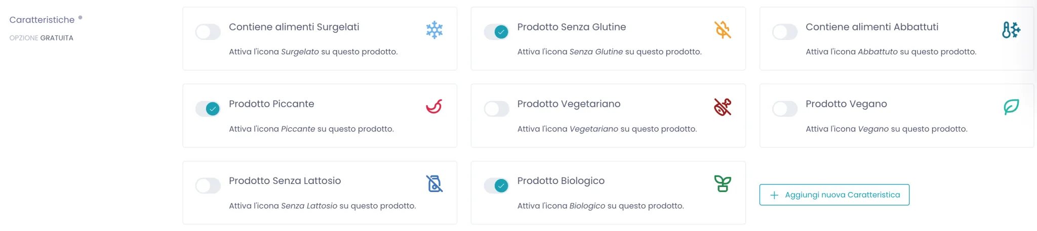 Sezione Caratteristiche con gli interruttori e le icone colorate: vegetariano, piccante, senza glutine e altre