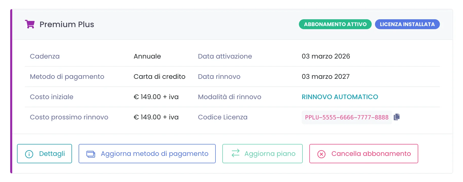 Scheda di un abbonamento Premium Plus con i badge Abbonamento attivo e Licenza installata, i dati (cadenza, metodo di pagamento, costi, date, modalità di rinnovo, codice licenza) e i bottoni Dettagli, Aggiorna metodo di pagamento, Aggiorna piano, Cancella abbonamento