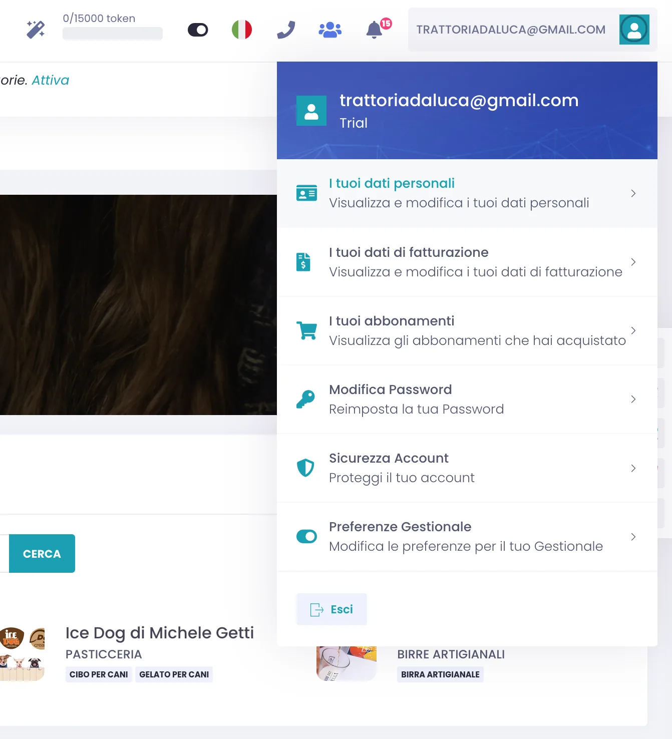 Menu utente aperto dalla barra in alto del gestionale, con l'elenco delle aree dell'account: I tuoi dati personali, I tuoi dati di fatturazione, I tuoi abbonamenti, Modifica Password, Sicurezza Account, Preferenze Gestionale ed Esci