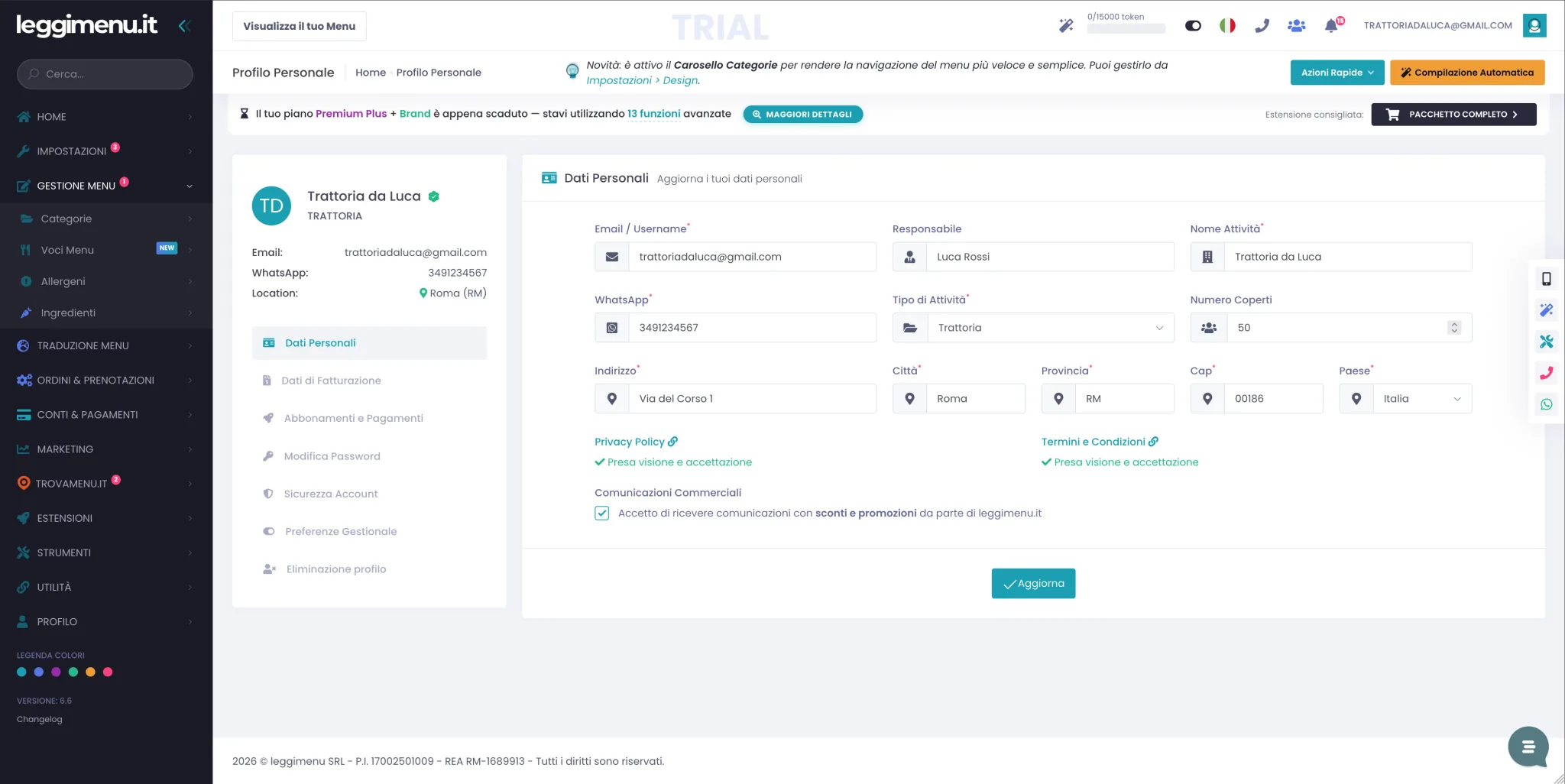 Pagina del profilo con la scheda Dati Personali aperta: form con email, responsabile, nome attività, WhatsApp, tipo di attività, coperti, indirizzo e in fondo i consensi privacy e marketing