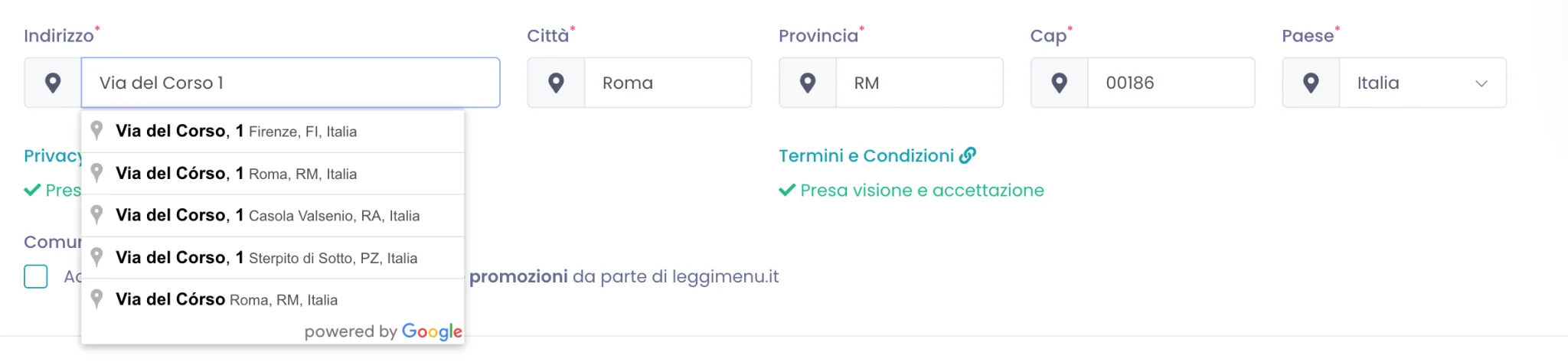 Campo Indirizzo della scheda Dati Personali con il pannello dei suggerimenti di Google Maps aperto sotto l'input mentre si digita la via