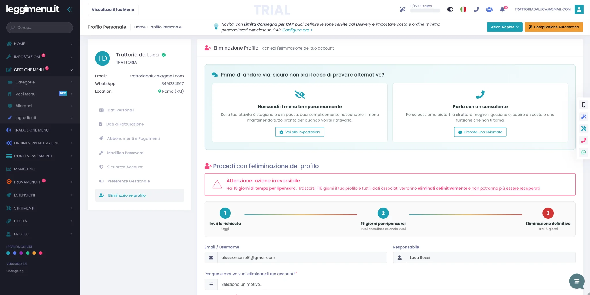 Pagina Eliminazione Profilo con in alto il box delle alternative (Nascondi il menu temporaneamente, Parla con un consulente), l'avviso azione irreversibile, la timeline a 3 passi e l'inizio del modulo di richiesta