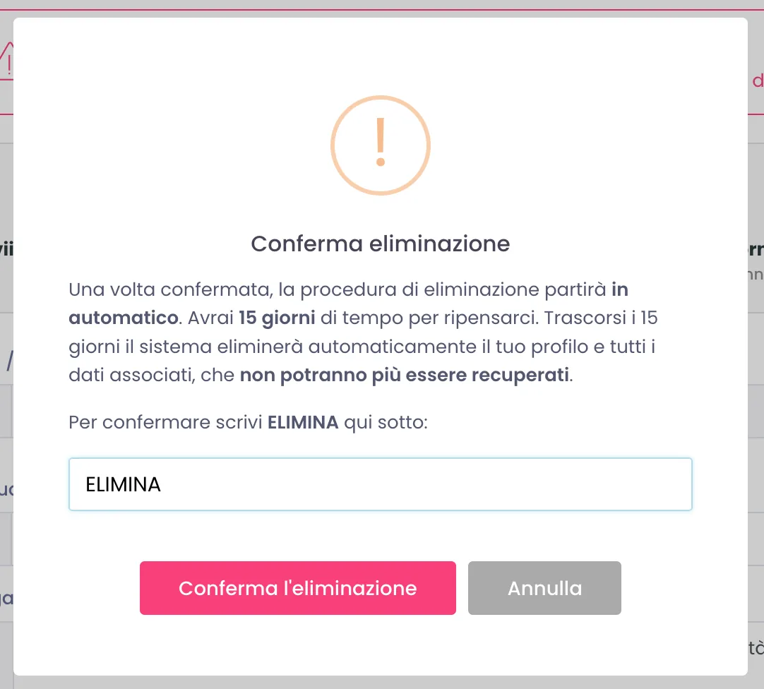 Finestra di conferma eliminazione con il testo che ricorda i 15 giorni, il campo dove scrivere ELIMINA, il bottone rosso Conferma l'eliminazione e il bottone grigio Annulla