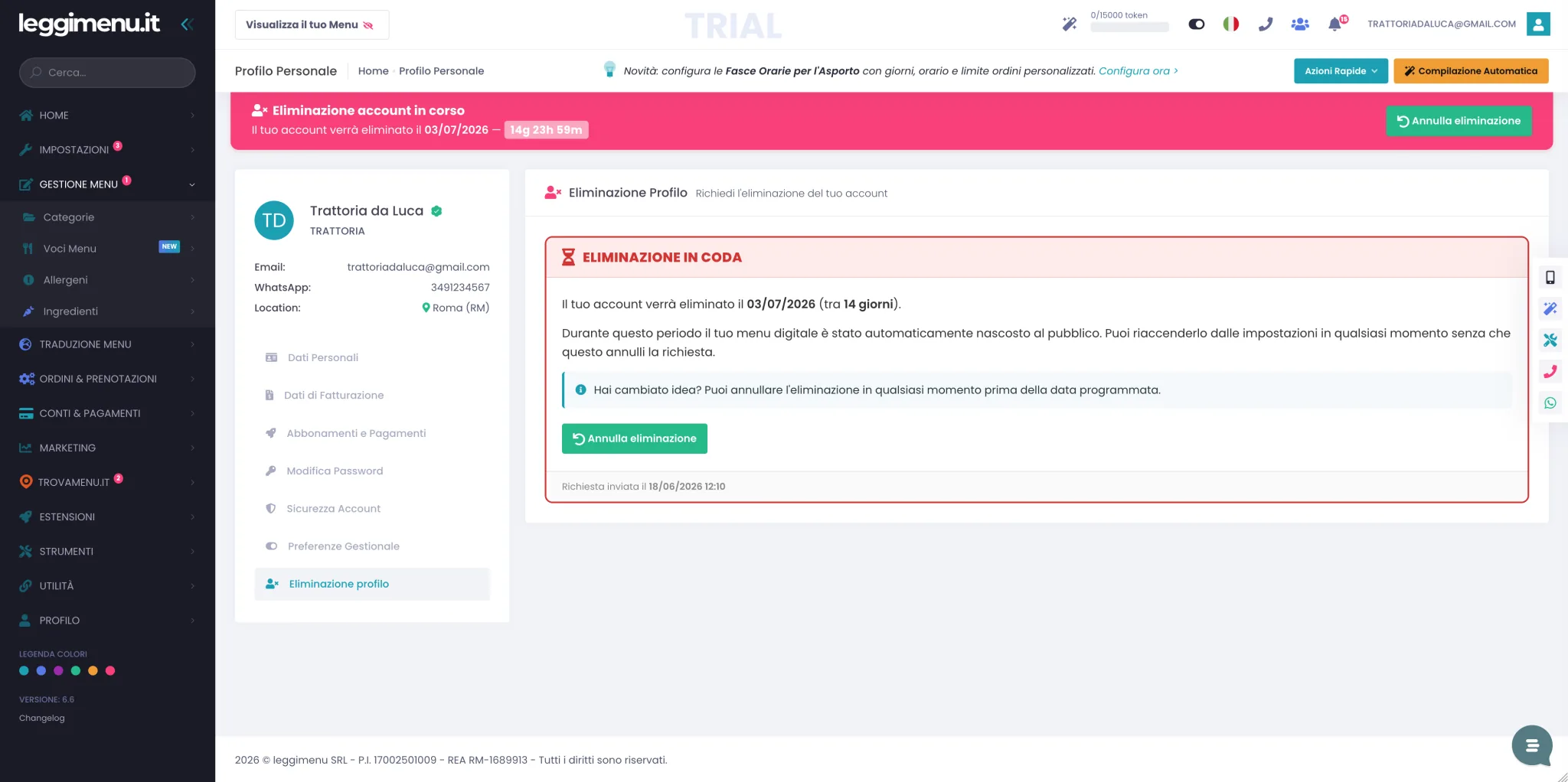 Banner rosso Eliminazione account in corso in alto nel gestionale, con la data di eliminazione, il countdown live e il bottone verde Annulla eliminazione, e sotto il box Eliminazione in coda