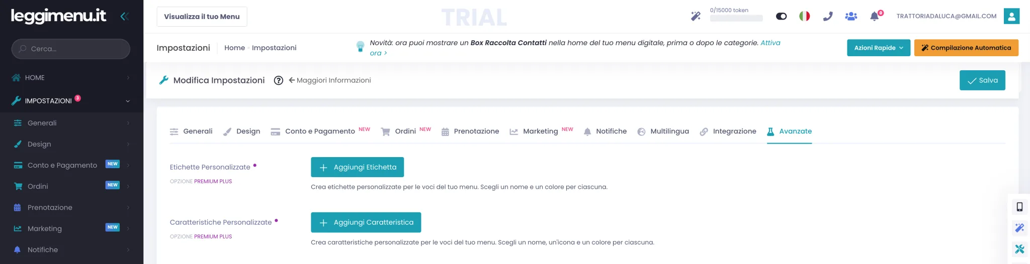 Scheda Avanzate delle Impostazioni con le due aree Etichette Personalizzate e Caratteristiche Personalizzate