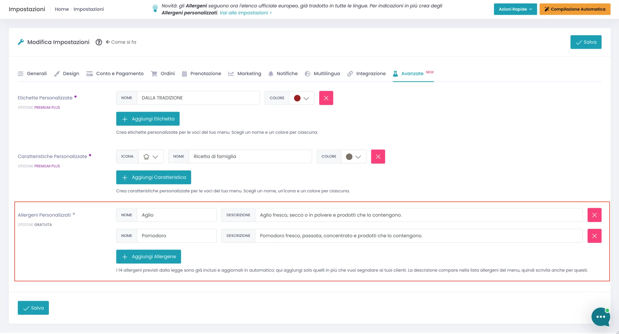 Scheda Avanzate delle Impostazioni con l'area Allergeni Personalizzati evidenziata: due righe compilate, Aglio e Pomodoro, ognuna con Nome e Descrizione, e il bottone Aggiungi Allergene