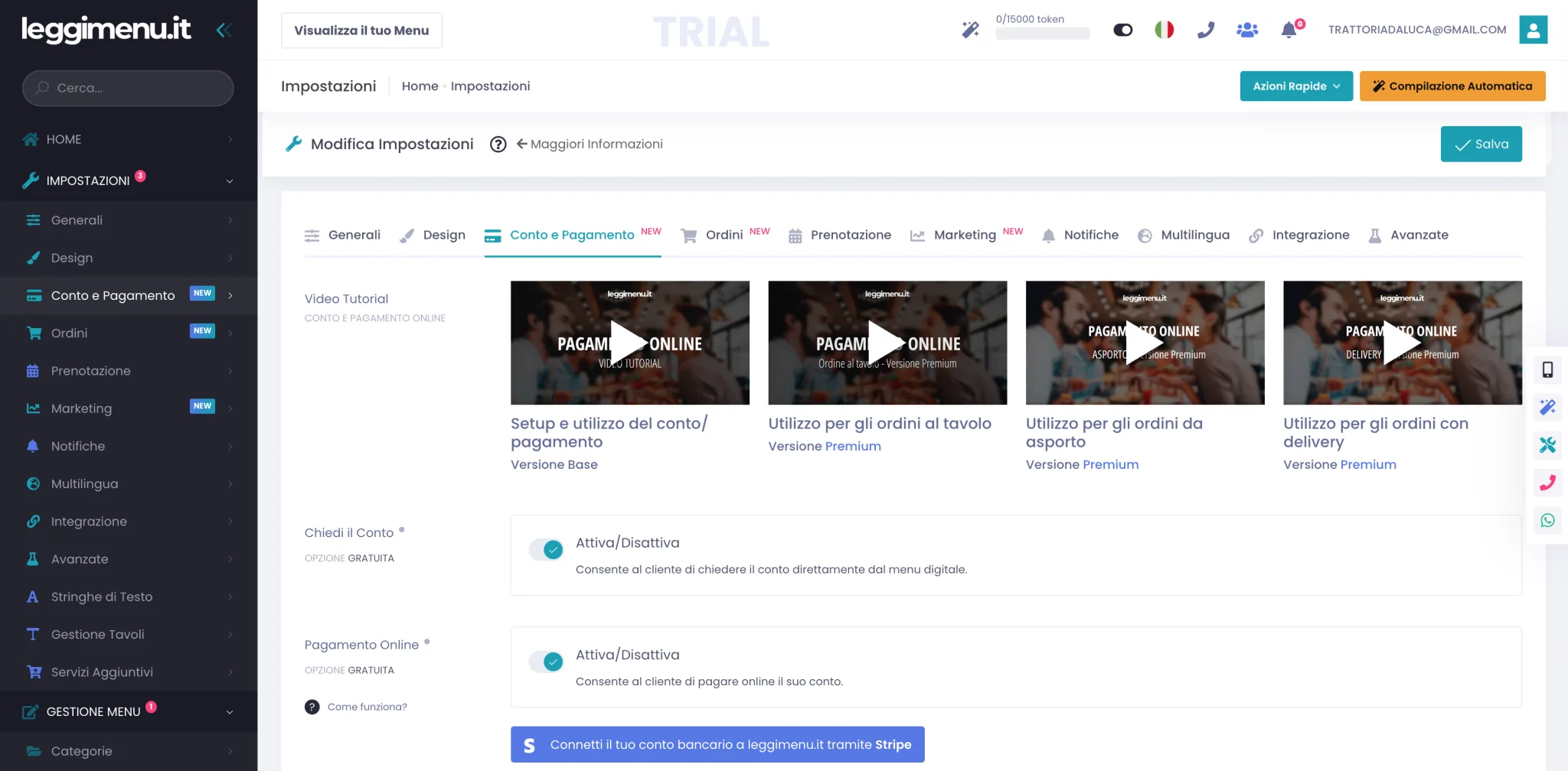 Tab Conto e Pagamento con i video tutorial e gli interruttori Chiedi il Conto e Pagamento Online