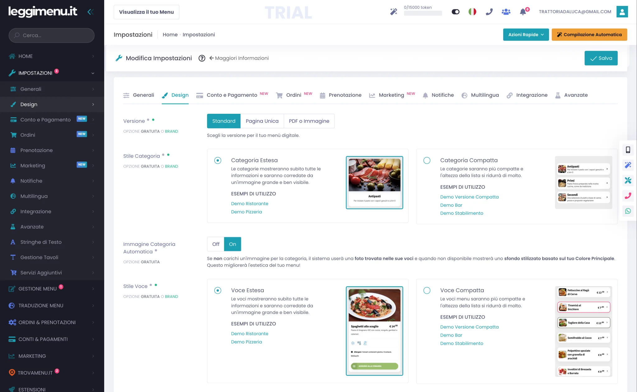 Tab Design delle Impostazioni con la barra delle tab in cima e le opzioni Versione, Stile Categoria e Stile Voce