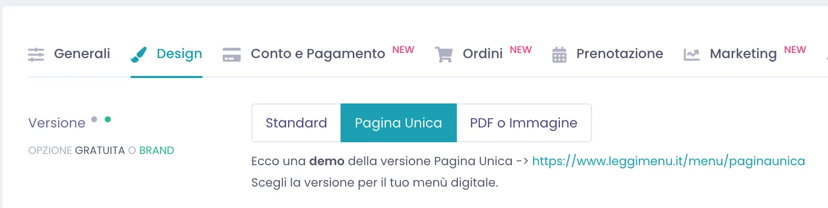 Sezione Versione con le tre opzioni Standard, Pagina Unica e PDF o Immagine e il link demo della versione selezionata