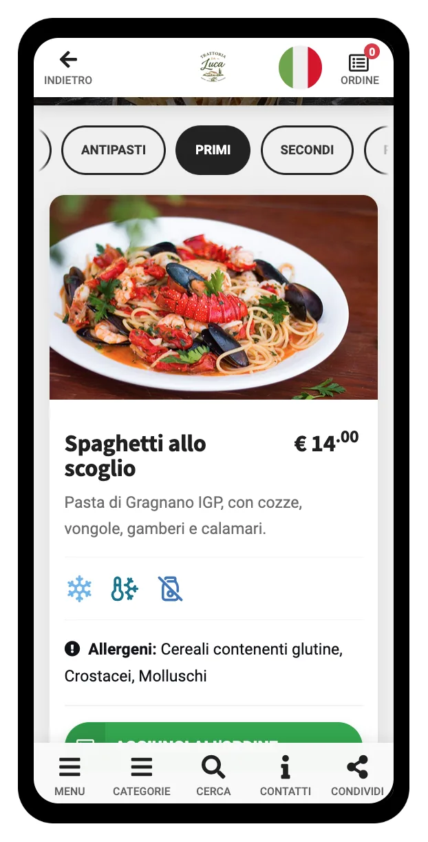 Menu pubblico su smartphone in stile Esteso, con immagine grande del piatto e tutte le informazioni in vista