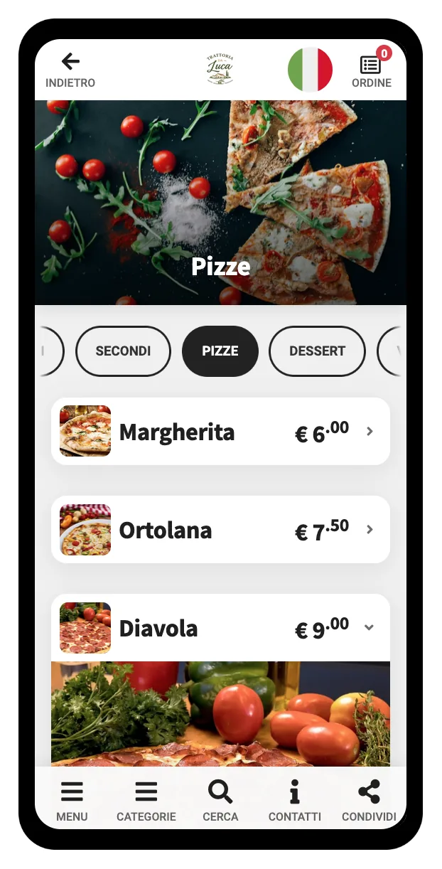 Menu pubblico su smartphone in stile Compatto, con voci strette su una sola riga e lista molto più corta