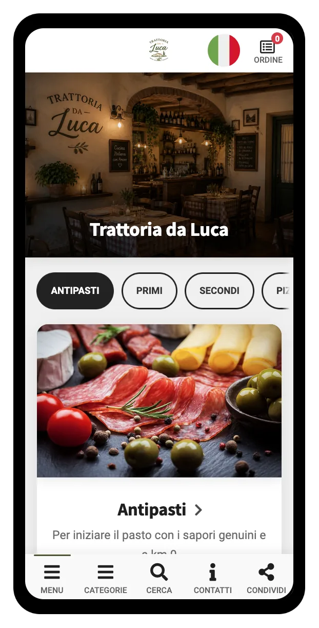 Menu pubblico su smartphone con tema Chiaro, sfondi tendenti al bianco