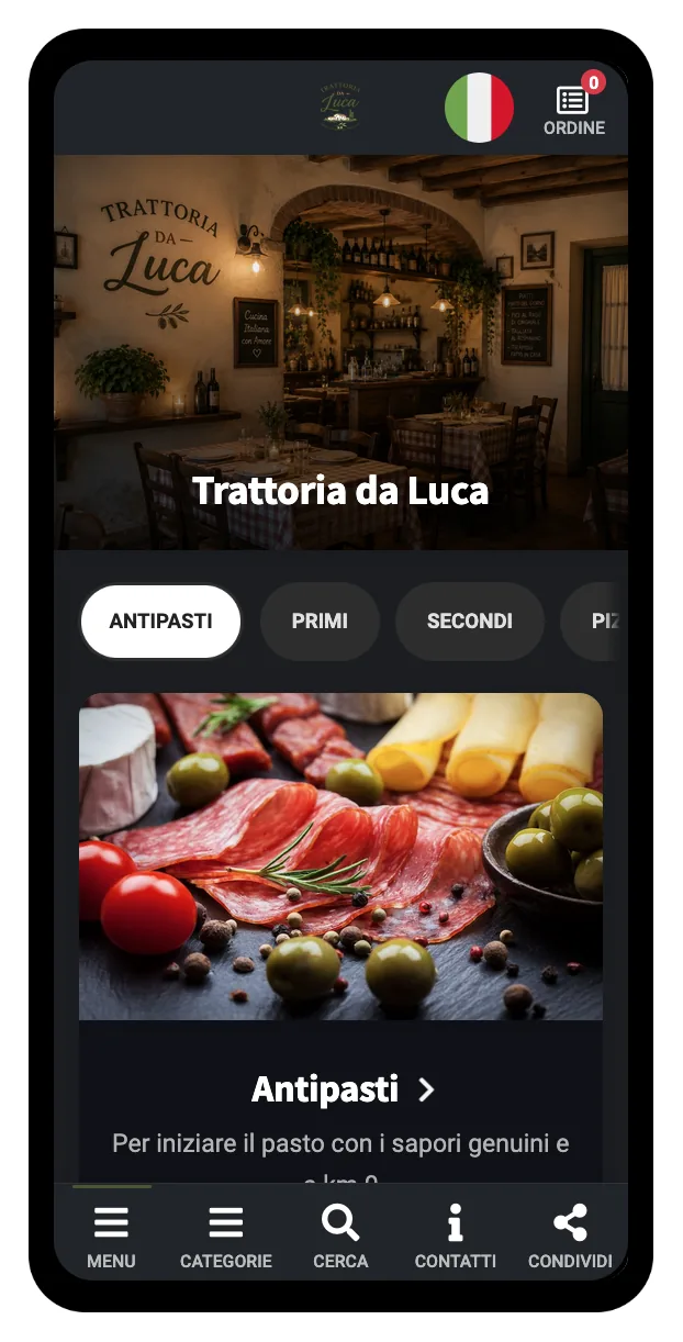 Menu pubblico su smartphone con tema Scuro, sfondi tendenti al nero