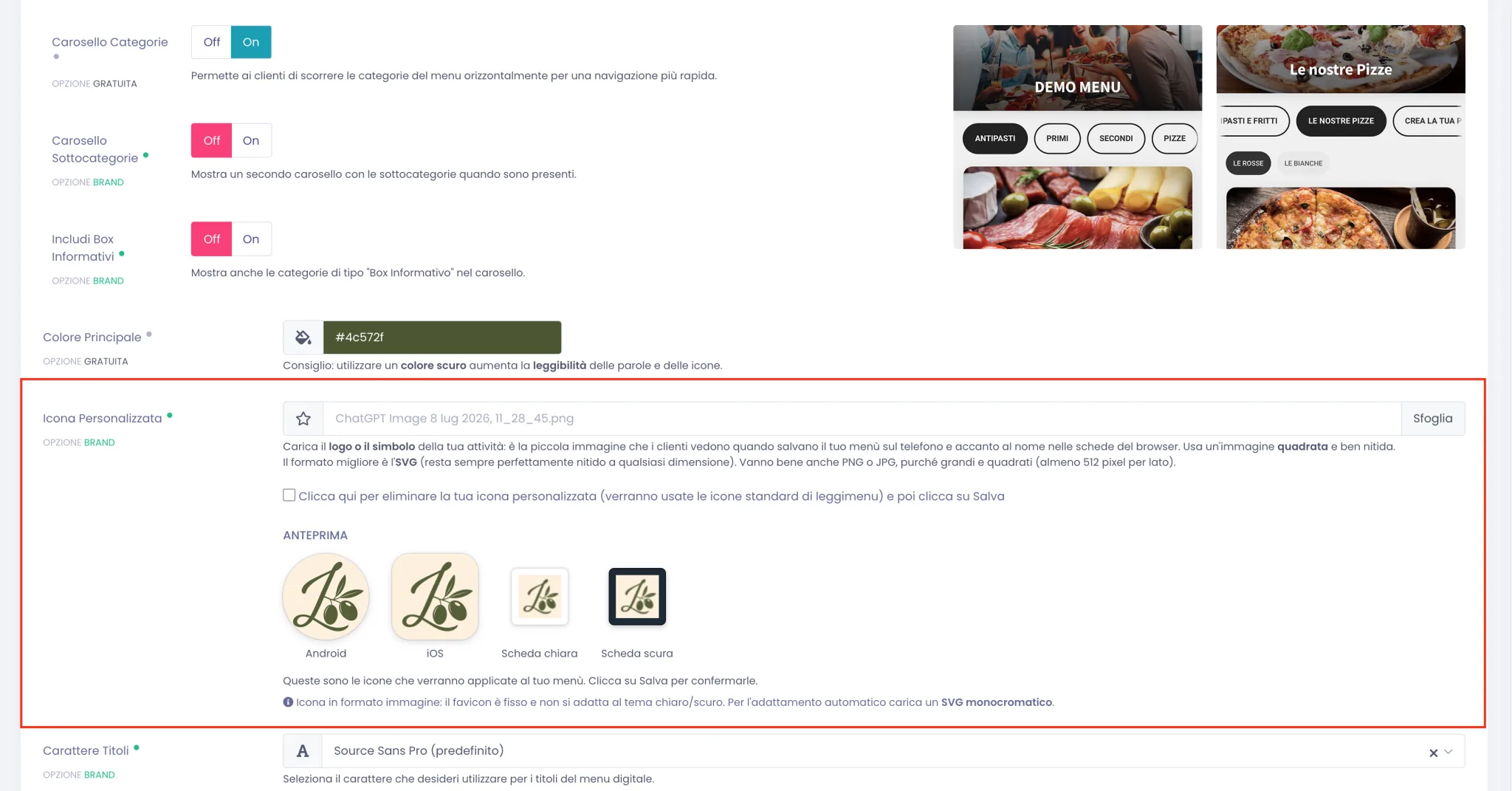 Anteprima delle icone generate dal logo caricato: versione Android tonda, iOS con angoli arrotondati e favicon su scheda chiara e scura