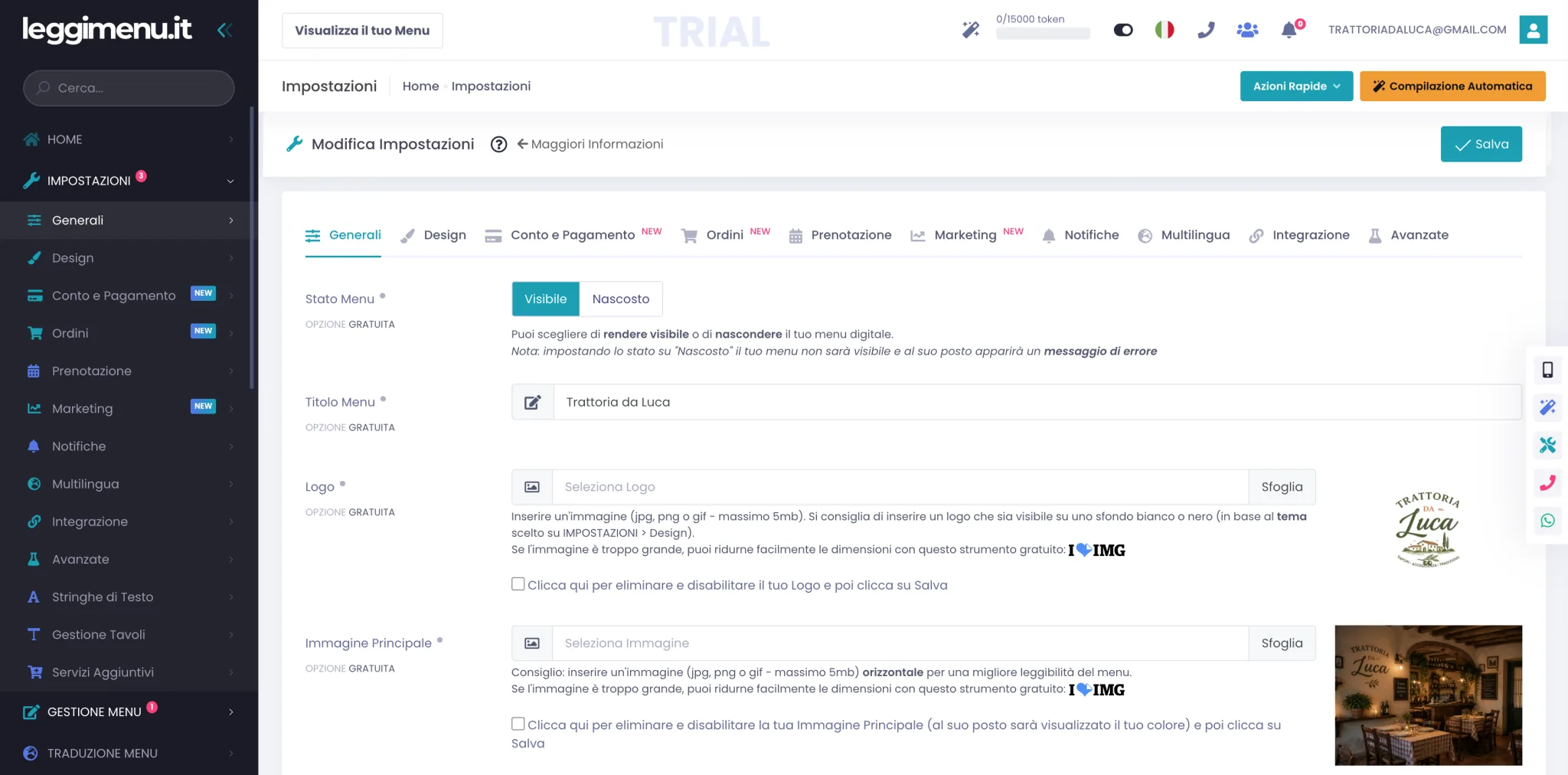 Tab Generali delle Impostazioni con la barra delle tab in cima e i campi Stato Menu, Titolo, Logo e Immagine Principale