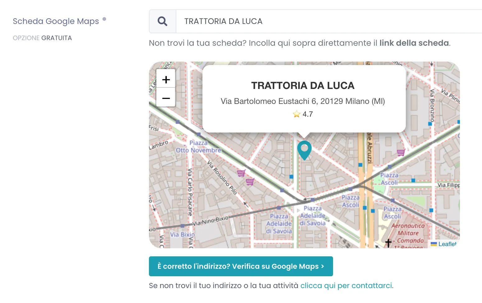 Campo Scheda Google Maps con il nome del locale inserito e l'anteprima della mappa con il segnaposto e l'indirizzo del locale