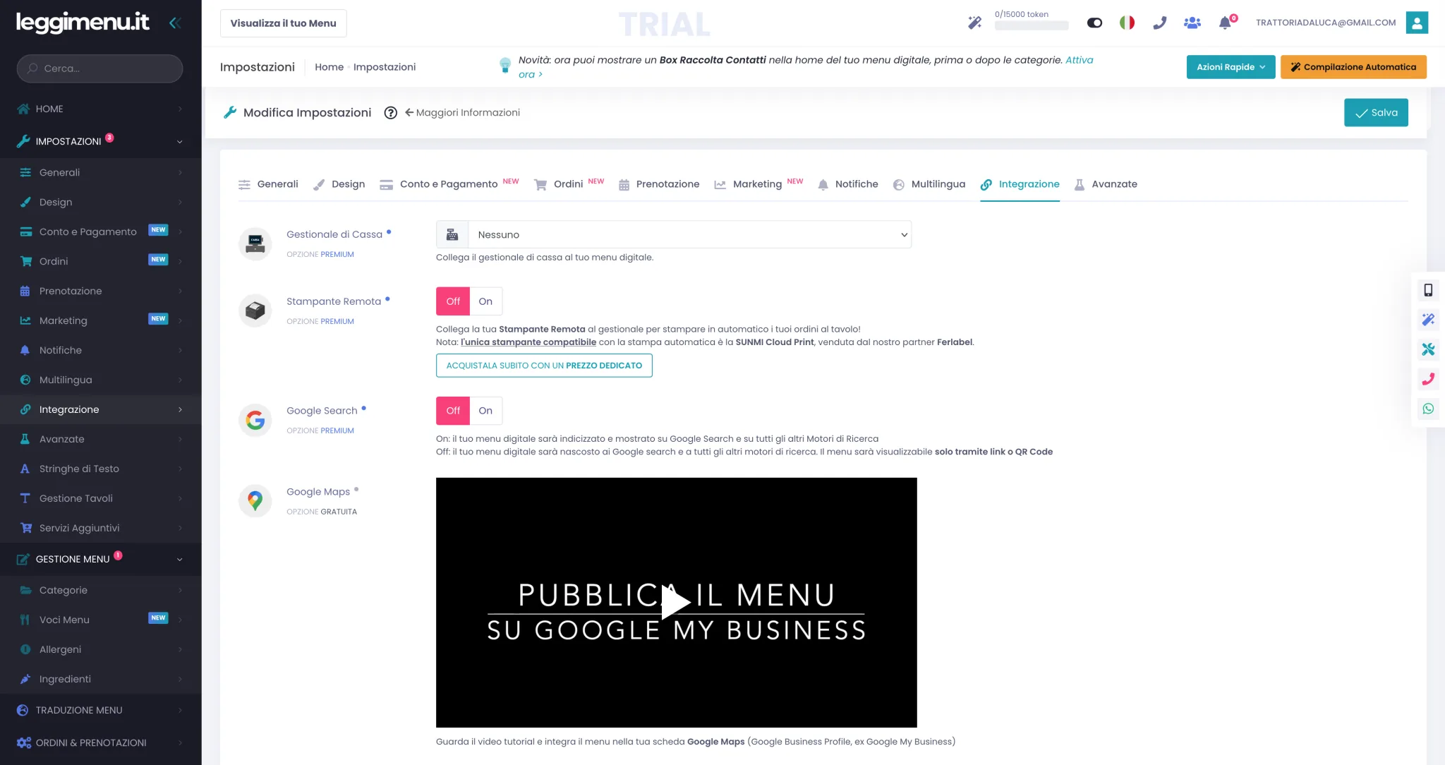 Tab Integrazione con le voci Gestionale di Cassa, Stampante Remota, Google Search e Google Maps