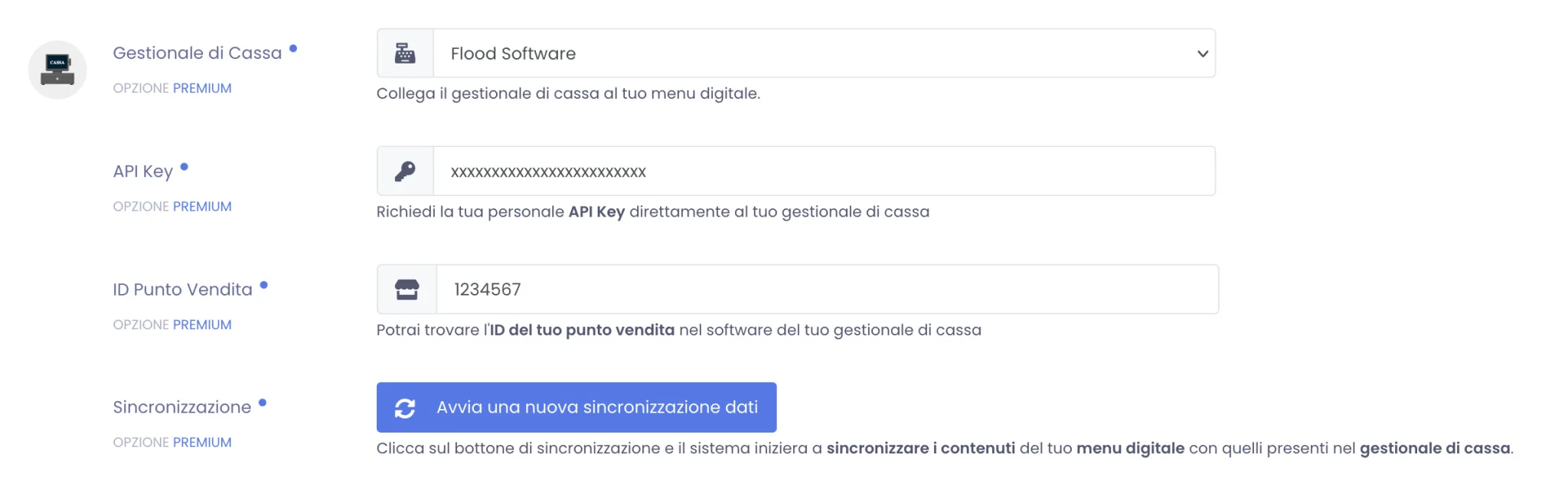 Gestionale di Cassa impostato su Flood Software con i campi API Key, ID Punto Vendita e il bottone Avvia una nuova sincronizzazione dati
