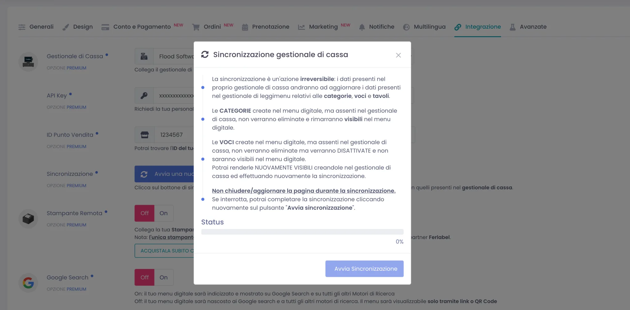 Finestra di sincronizzazione del Gestionale di Cassa con i punti di attenzione, la barra di avanzamento e il bottone Avvia Sincronizzazione
