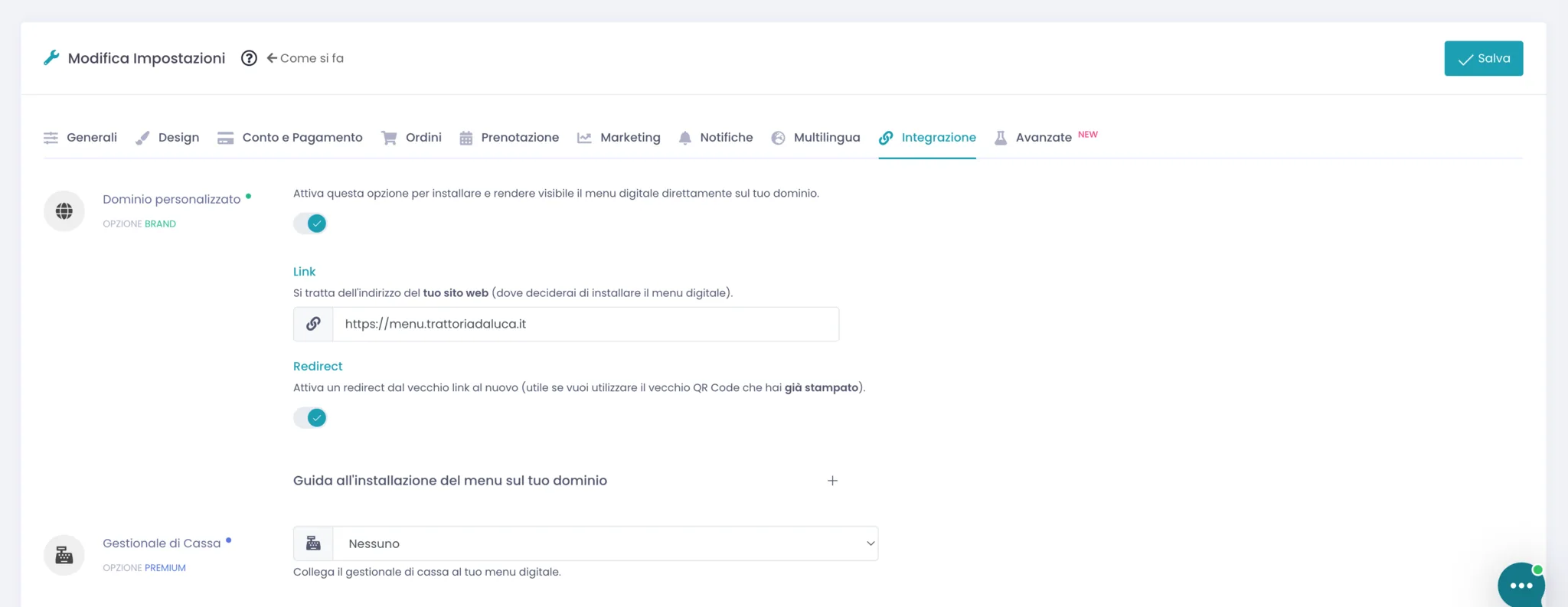 Riga Dominio personalizzato in cima alla tab Integrazione, con l'interruttore acceso, il campo Link compilato, l'interruttore Redirect e la guida all'installazione