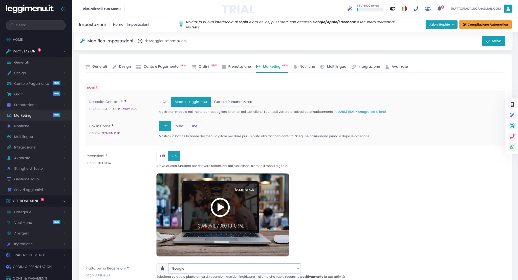 Scheda Marketing nelle Impostazioni con le opzioni Raccolta Contatti, Box in Home, Recensioni e Piattaforma Recensioni