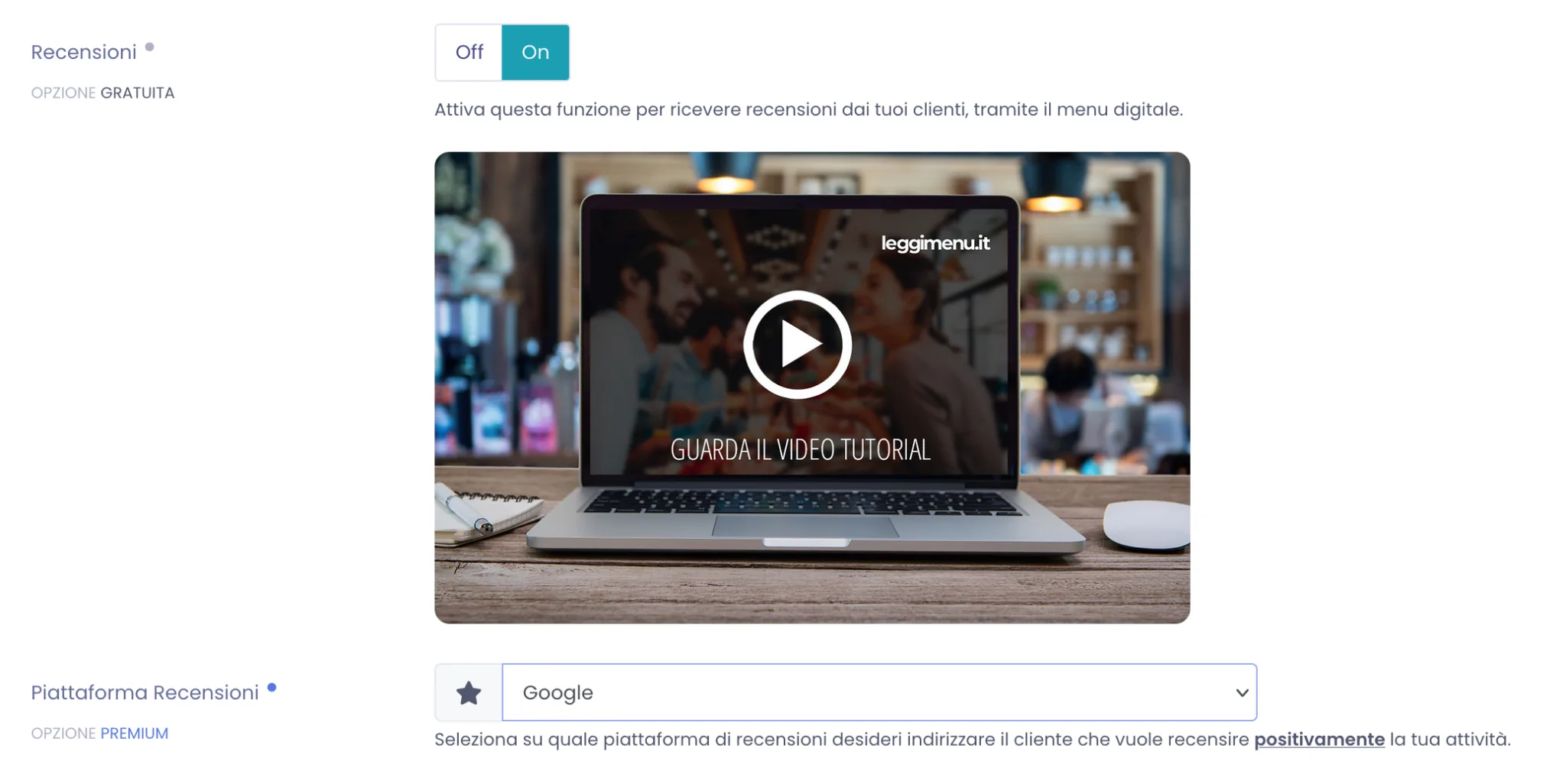 Sezione Recensioni attiva su On con l'elenco a tendina Piattaforma Recensioni impostato su Google