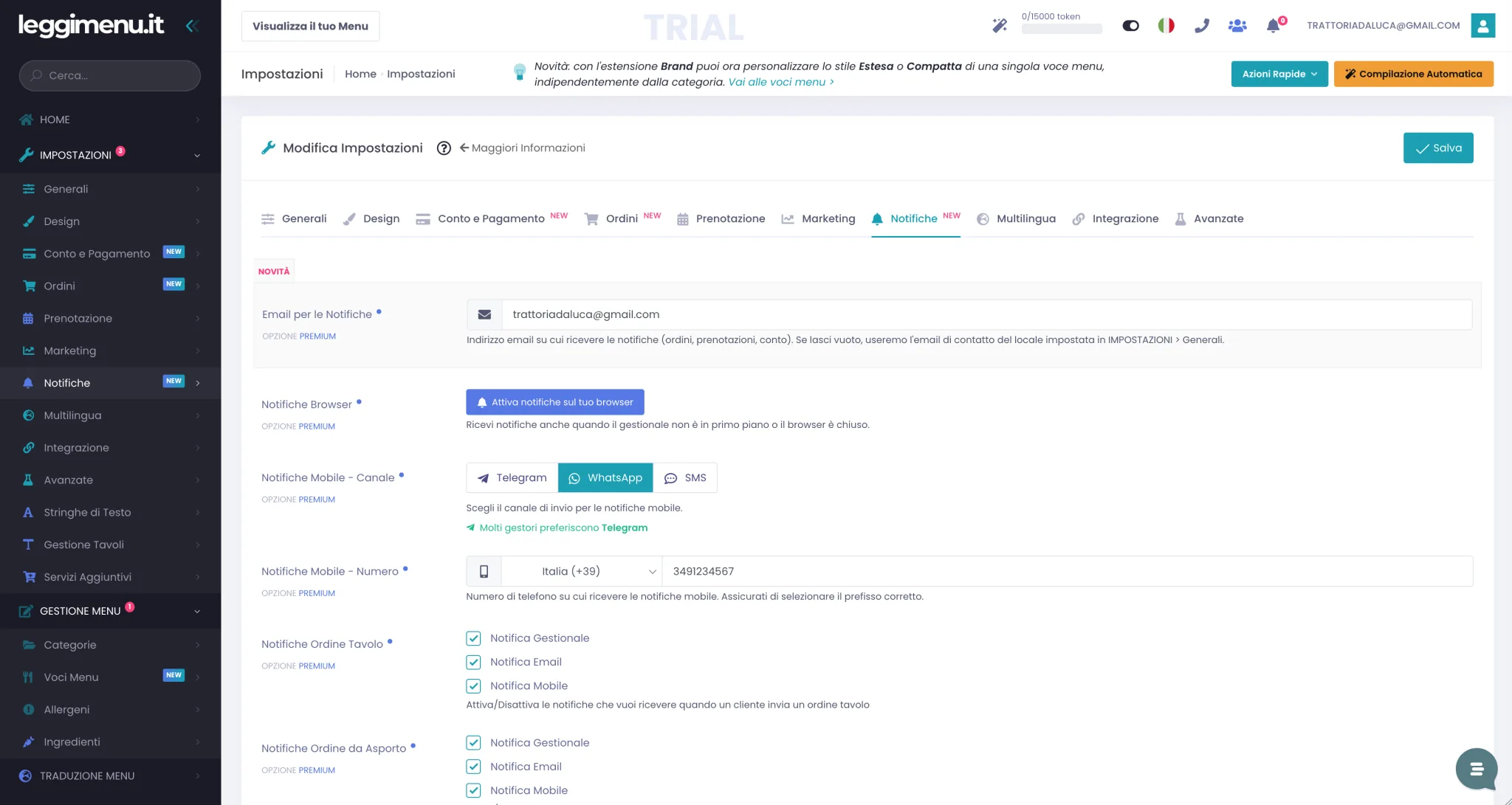 Scheda Notifiche con il campo Email per le Notifiche in cima, le Notifiche Browser e Mobile e i blocchi per ogni evento