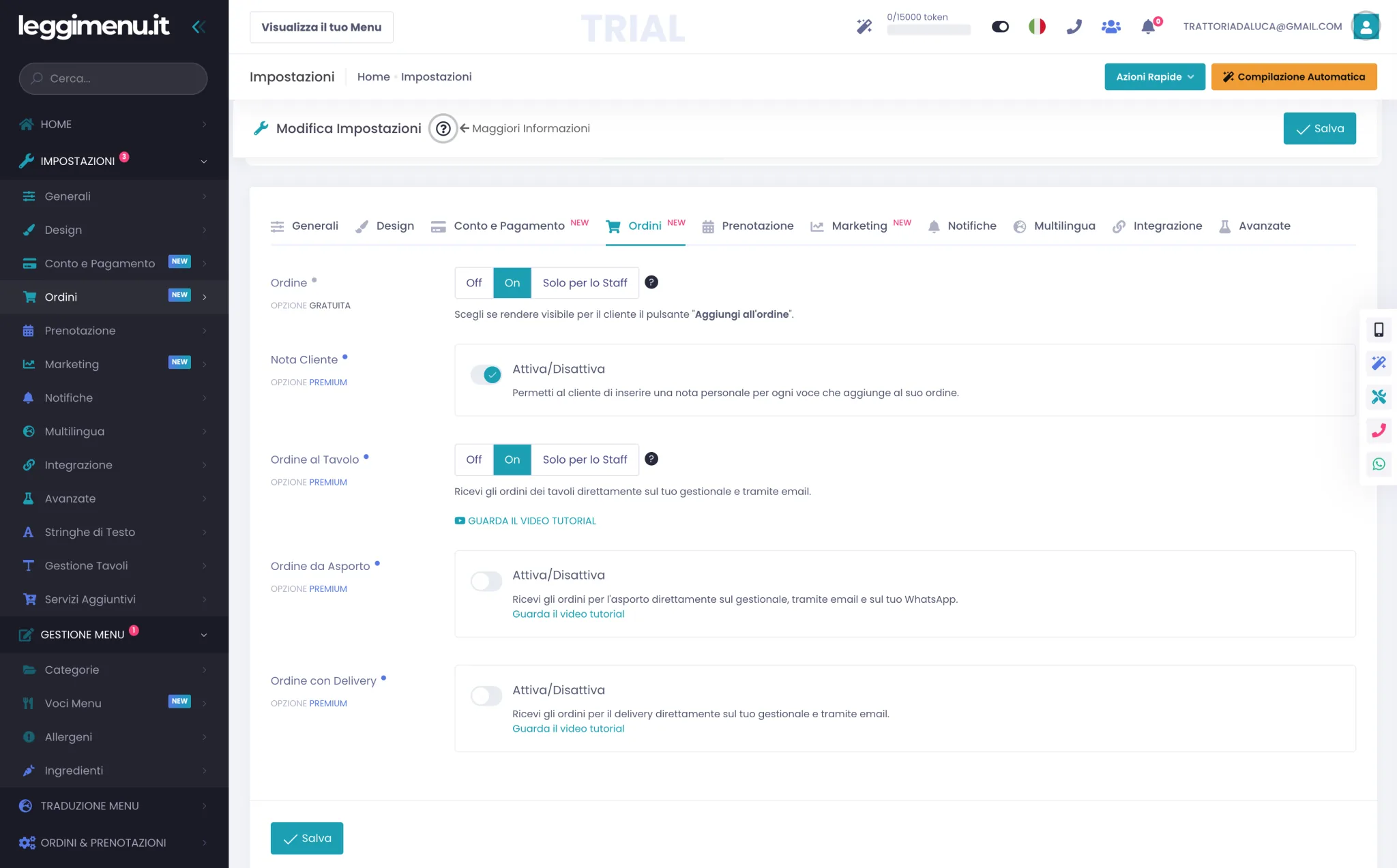 Tab Ordini con l'opzione Ordine e i canali Nota Cliente, Ordine al Tavolo, Asporto e Delivery