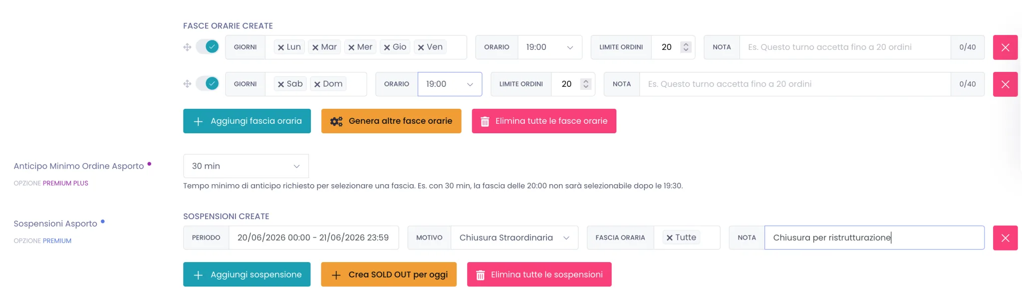 Fasce orarie d'asporto con i campi giorni, orario, limite ordini e nota, e i bottoni per aggiungere o eliminare le fasce