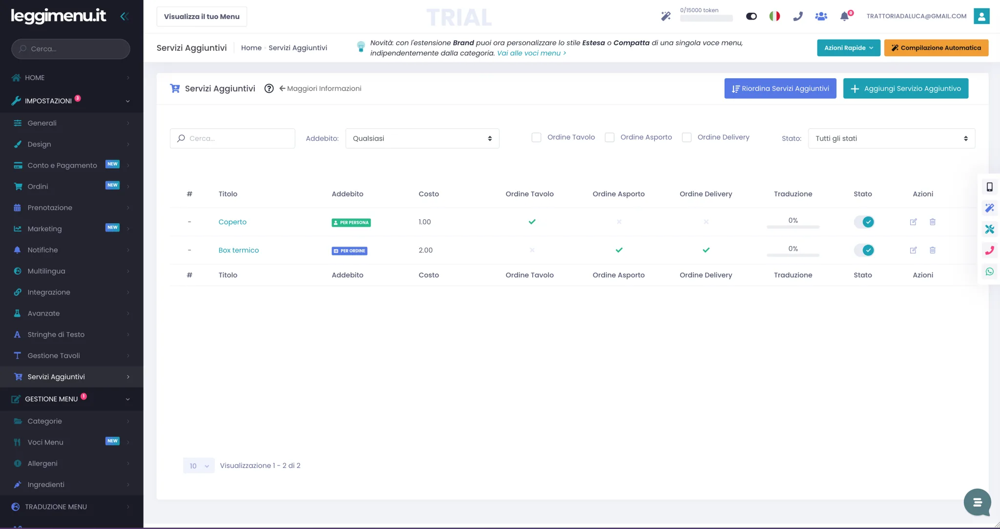 Pagina Servizi Aggiuntivi con la lista dei servizi, i filtri in alto e i bottoni Riordina e Aggiungi Servizio Aggiuntivo