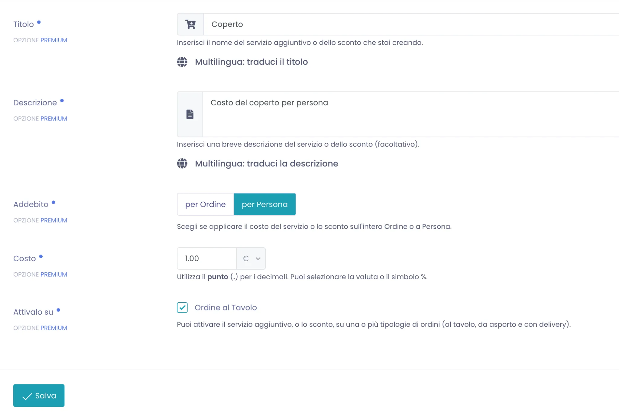 Modulo di creazione di un nuovo servizio aggiuntivo con i campi Titolo, Descrizione, Addebito, Costo e Attivalo su
