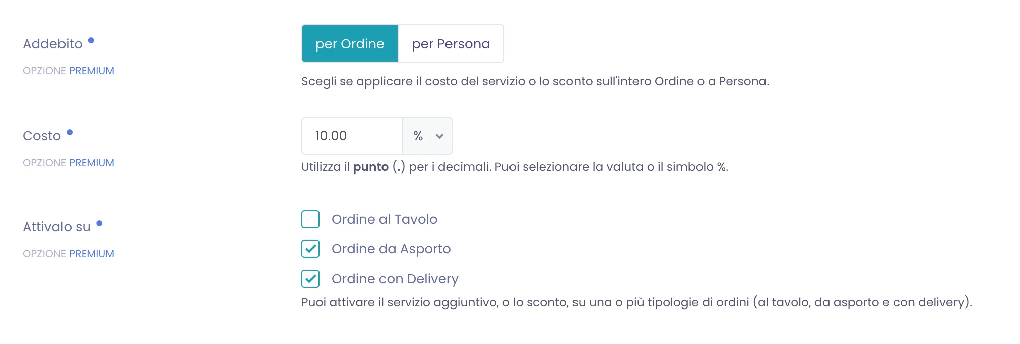 Dettaglio dei campi Addebito (per Ordine selezionato), Costo con il selettore percentuale e le caselle Attivalo su