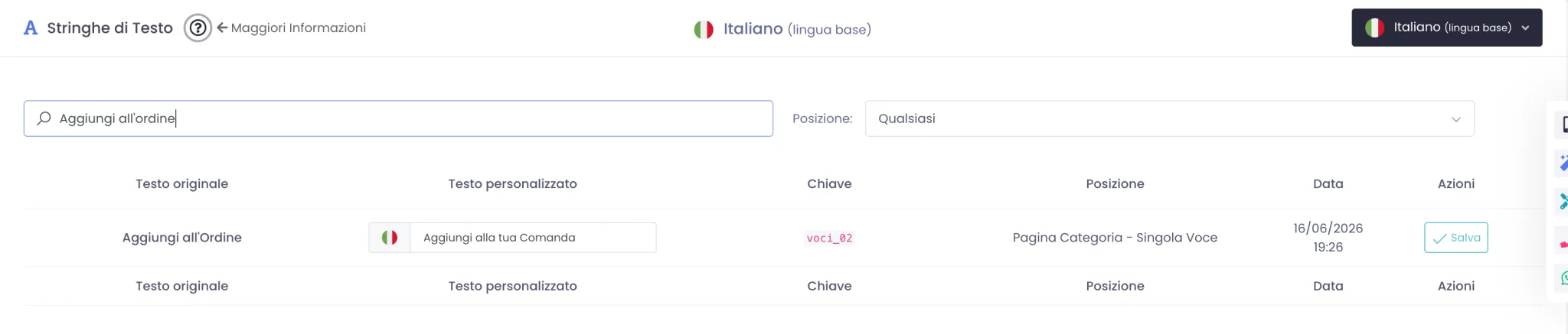 Riga della tabella con il testo originale a sinistra, il campo testo personalizzato compilato a destra, le colonne Chiave, Posizione, Data e il bottone Salva