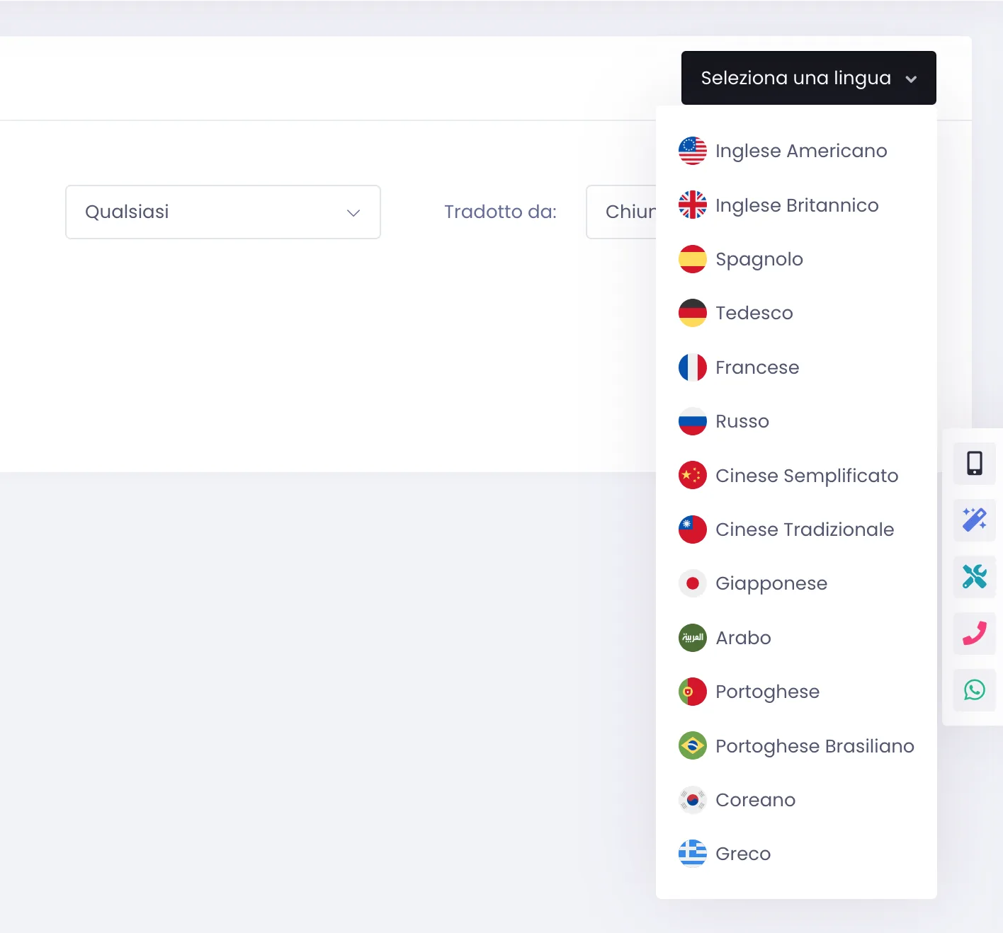 Selettore della lingua aperto in alto a destra con l'elenco delle bandierine delle lingue disponibili del menu