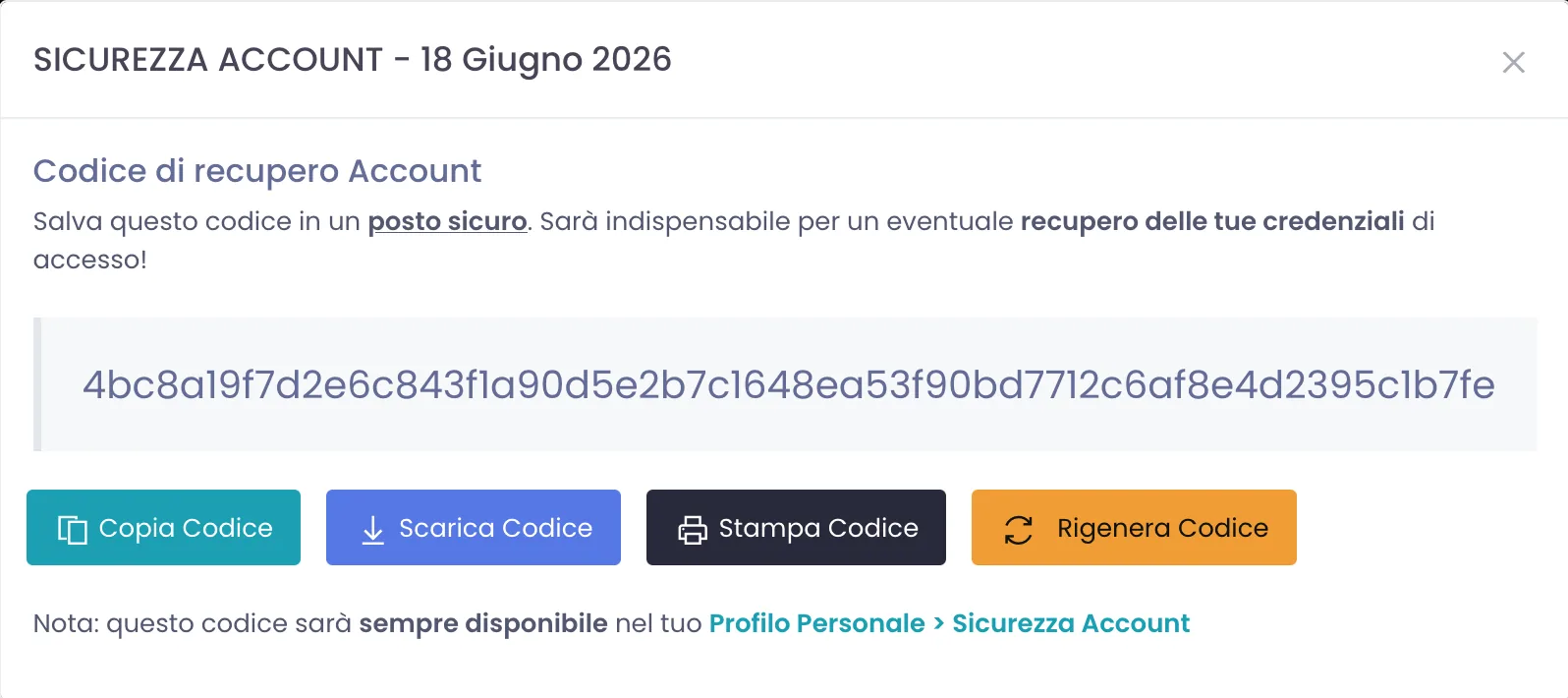 Finestra Sicurezza Account che appare al primo accesso con il codice di recupero e i bottoni Copia, Scarica, Stampa e Rigenera