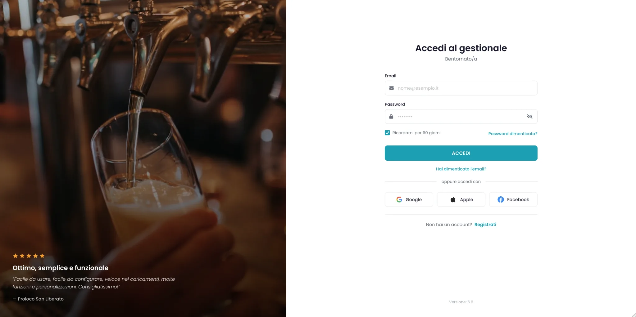 Pagina di accesso al gestionale leggimenu: a sinistra una foto e una recensione di un ristoratore, a destra il modulo per entrare