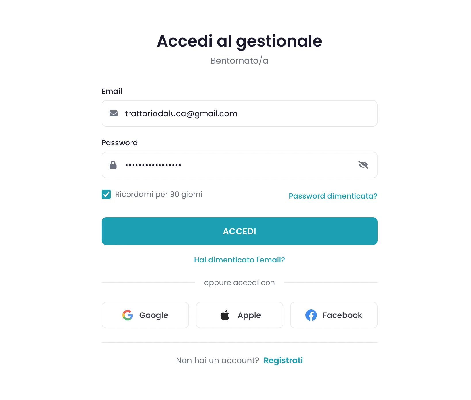 Modulo di accesso con email compilata, campo password e icona a forma di occhio per mostrare o nascondere i caratteri